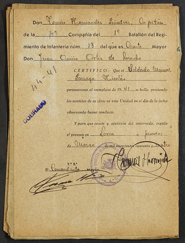 Expediente nº 208/1944 de beneficiario del subsidio al combatiente de Manuel Párraga Nicolás